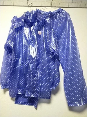Asiático XXXL Suave Pesado Azul y Lunares PVC Vinilo Lluvia Chaqueta Con Capucha Pantalones Foto 1 de 4