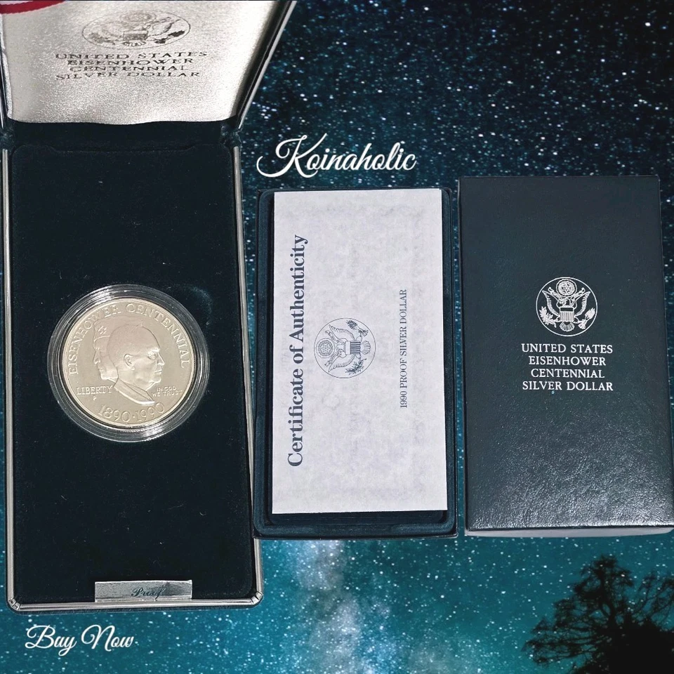 1990 P PROOF Silver Dollar $1 Eisenhower Ike Coin with Box & COA, Mint Condition - Image 1 of 4