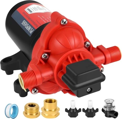 Bomba 12V, 2.5gpm-8amp-60psi, Resistente a Químicos y Corrosión, 2.5GPM, Roja  Foto 1 de 4