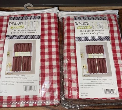 Buffalo Check Red & White Valance 60" x 15" & Pair 2 Tiers 30" x 24" Cotton NEW - Image 1 of 4
