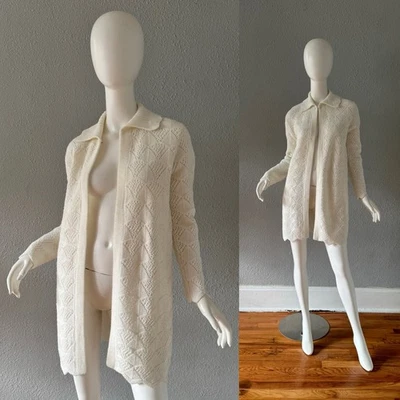Vintage 60s White Open Knit WINTUK Long Cardigan Sweater L - Image 1 of 4