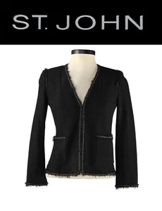 St John Knits Raw Edge Silver Chain Diamante Trim Jacket Caviar Size 2 NWT $1595 - Picture 1 of 4
