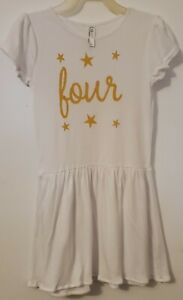  Rabbit Skins Girls White & Gold Lettering "four" Dress 5/6