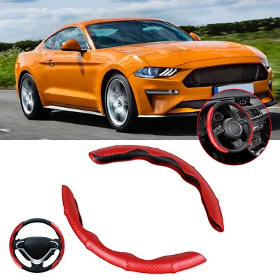 For Ford Mustang 15" Steering Wheel Cover Protector Non-Slip PU Carbon Fiber Red - Image 1 of 4