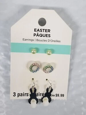 Juego de 3 pares de pendientes de Pascua nuevos en caja conejo floral y huevo Foto 1 de 3