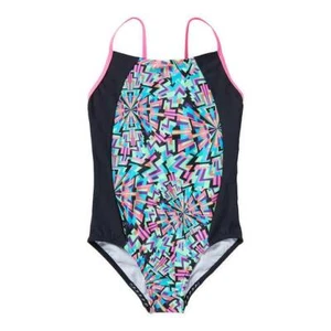 Girls Speedo Black Geo Black Multi One Piece Swimsuit Tank with Racer Back NEW - Picture 1 of 2