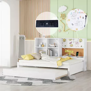 Holzbett Jugendbett Kinderbett 90x200 cm Schlafsofa mit Ausziehbett Schrank Weiß - Bild 1 von 9