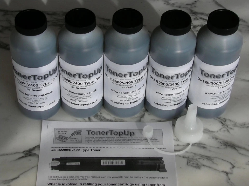 Five Bottles of Toner Refill for Oki B2200 B2400 43640301 43640302 43650301 - Image 1 of 2