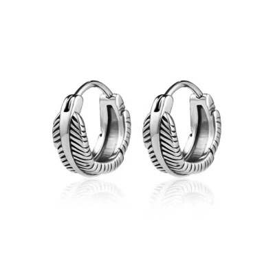 Surgical Steel Silver Feather Hoop Earrings Punk Retro Rock Jewelry Men Women - Image 1 of 4