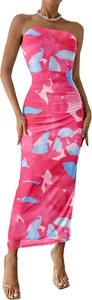 Women'S Summer Maxi Bodycon Dresses Strapless Tube Top Printed Long Party Club S - Picture 1 of 32