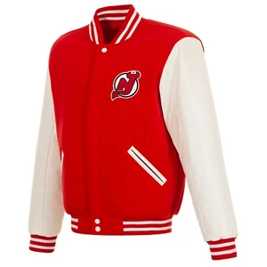 NHL New Jersey Devils Reversible Fleece Jacket PVC Sleeves 2 Front Logos Red Wht - Picture 1 of 5