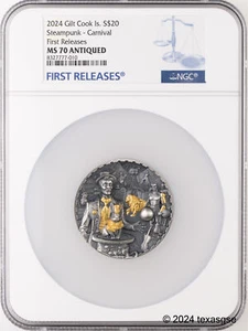 2024 Cook Islands Gilt Silver 3oz $20 Steampunk- Carnival NGC MS70 First Release - Picture 1 of 2