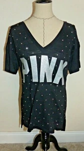 PINK Victoria's Secret LOGO Black Studded Short Sleeve V-Neck Tee MEDIUM NWT - Picture 1 of 6