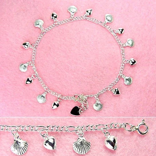 Cavigliera In Argento Sterling - 10 Pollici Con Conchiglia E Cuore (AK054) - Immagine 1 di 1