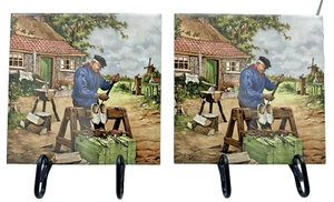 Vintage ROYAL MOSA HOLLAND Ter Steege BV Hand Decorated Tiles Cobbler Set Of Two - Picture 1 of 10