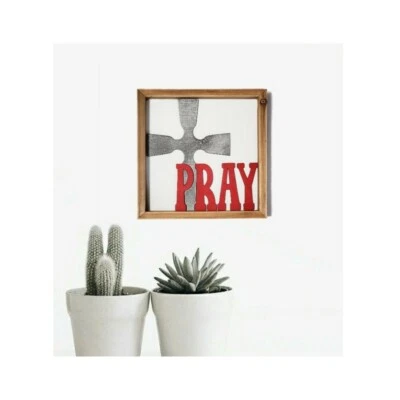 SALE- PRAY wooden Sign Shelf Sitter cross farmhouse decor wood red silver 3D  - Image 1 of 4