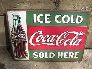 ICE COLD COCA COLA SOLD HERE Gas Garage Tin Metal Soda General Store Sign Ad 16" - Picture 1 of 3