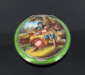 Antiguo estuche en polvo de plata esterlina pintado austriaco y esmaltado guilloche - Imagen 1 de 6