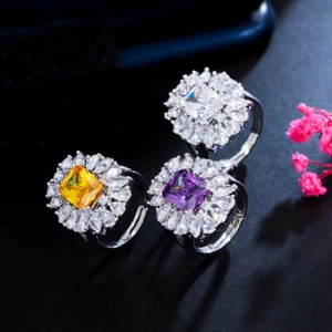CZ Square Round Wedding Band Finger Ring Silver Plated Cubic Zircon Yellow Gift - Picture 1 of 20