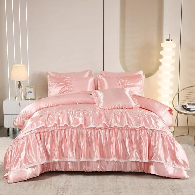 NEW Twin 8pc Bed in a Bag Pink Satin Tiered Ruffle Comforter & Sheets Bedding - Image 1 of 4