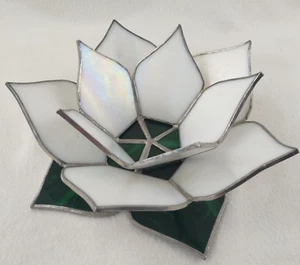 Vintage Lotus Flower Candle Holder Stained Lead Glass White & Green 8" x 3.5" - Picture 1 of 13