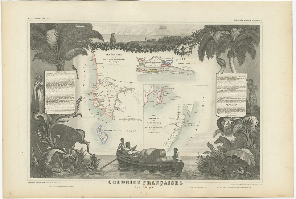 Антикварная карта французских колоний в Сенегале и Мадагаскаре - Изображение 1 из 1