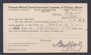 1918 NAT GEGENSEITIGE KIRCHE INS CO, CHICAGO IL - Bild 1 von 1