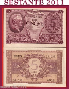 ITALIA, ITALY 5 LIRE LUOGOTENENZA 23.11. 1944 P. 31a, VENTURA S. G. FDS /UNC - Imagen 1 de 1