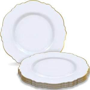 Elegant White with Gold Rim Round Blossom Disposable Plastic Dinner Plates - ... - Picture 1 of 4