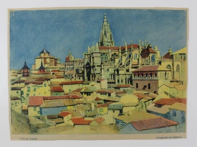 Pôster VIEW OF TOLEDO década de 1930 10,75" x 8" (27,5 x 20,5 cm.) Espanha Vintage LEIA - Imagem 1 de 3