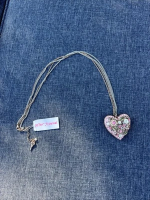 NWT Betsey Johnson Chunky Pink Jewel Heart Locket Necklace Long Retail $75 - Image 1 of 4