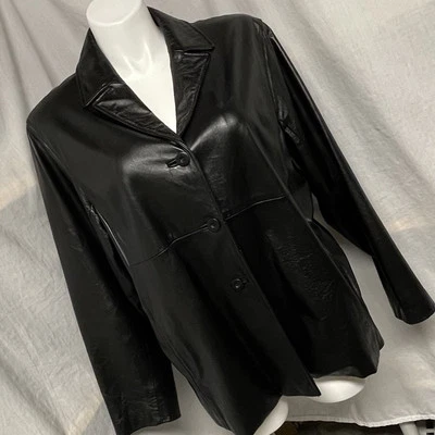 Chaqueta de cuero Wilson vintage para mujer blazer suave forrada con botones negra 2X Foto 1 de 4