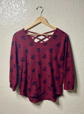 No Boundaries 骷髅毛衣青少年 XL 红色 3/4 袖 — 第 1/4 张图片