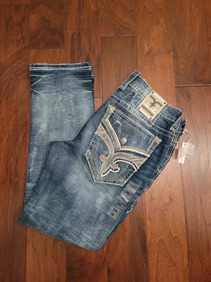 Pantalones de mezclilla Rock Revival Arjan de pierna recta con ribete de cuero nuevos con etiquetas, para hombre talla 38x32 Foto 1 de 4
