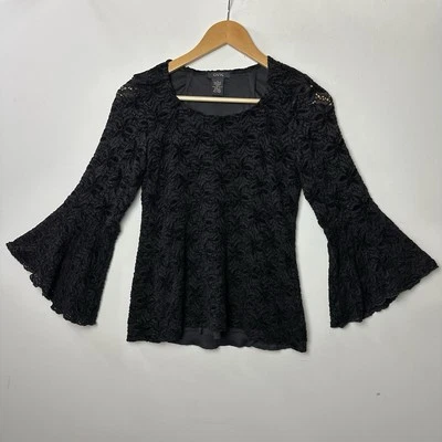 De Colección Y2K Top Negro Floral Encaje Manga Campana Elástico Hada Bruja Capricho Boho L Foto 1 de 4