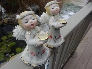 2 VTG  Irish Dresden Porcelain Christmas Lace Angel Figurine Candle Holder 6" - Picture 1 of 7