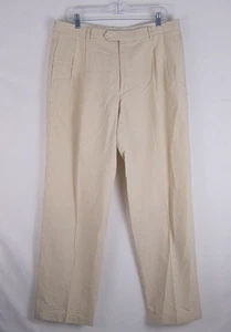 Jos A Bank Pants 36x30 Tan White Striped Seersucker Cotton Pleat Cuff Stay Cool - Picture 1 of 10
