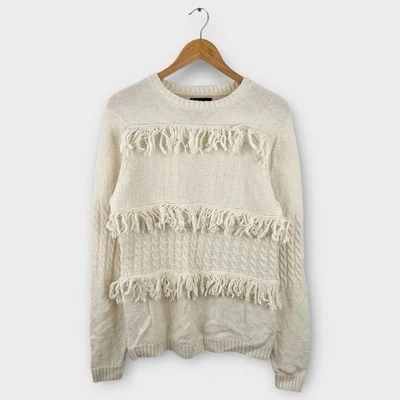 Asos Men’s White Fringe Oversized Sweater Size Small Long Cable Knit Pullover - Image 1 of 4