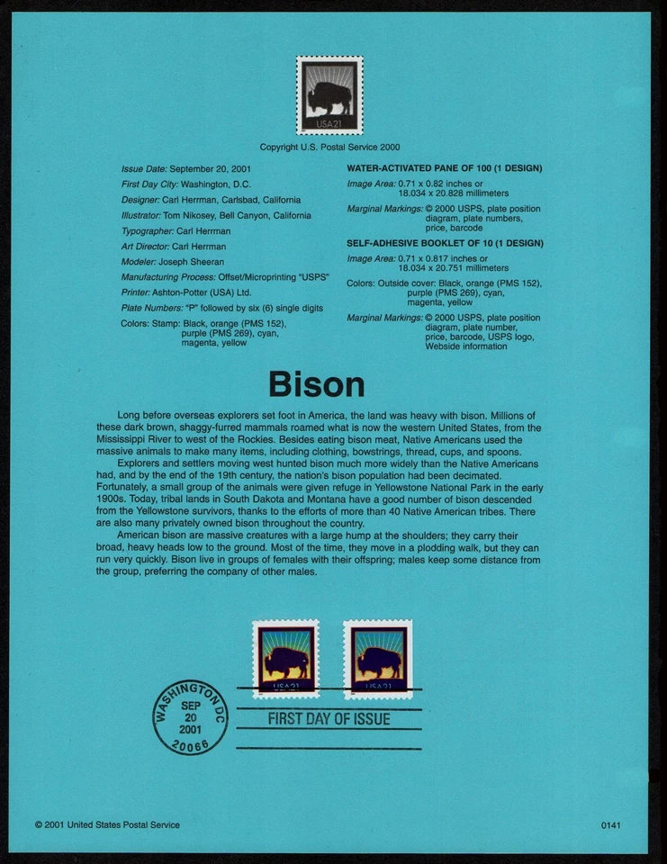 USA, SCOTT # 3467 & 3484, SOUVENIR PAGE - AMERICAN BISON, ANIMALS, YEAR 2001 - Image 1 of 1
