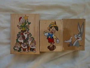 Wooden Rubber Stamp Set – Pinocchio, Seven Dwarfs, Bugs Bunny – New & Used - Picture 1 of 2