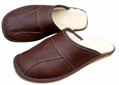 Men's Sheepskin Slippers Brown Wool Leather House Shoes Size 6.5-11 Scuffs Mules - Image 1 of 4