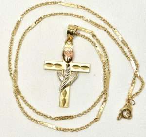 14k Solid Gold Cross & 14k White & Rose Gold Lily 16 inch Link Chain Pendant - Picture 1 of 8