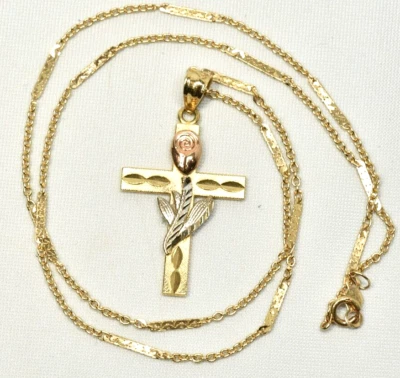14k Solid Gold Cross & 14k White & Rose  Gold Lily  16 inch Link Chain  Pendant - Image 1 of 4