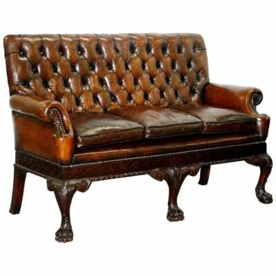 VIKTORIANISCHES GEORGISCHES IRISCHES BRAUNES LEDER CHESTERFIELD SOFA LÖWE BEHAARTE PFOTENFÜSSE - Bild 1 von 4