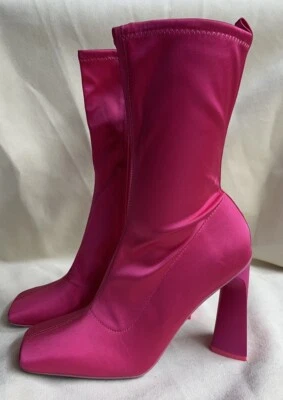 Pink Satin Boot Size 6.5 High Heel Bootie Shoes Square Toe Side Zip New - Image 1 of 4