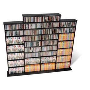 Home DVD Storage Quad Width CD VHS Blu-Ray Multimedia Wall Unit Shelf Black Wood - Picture 1 of 5