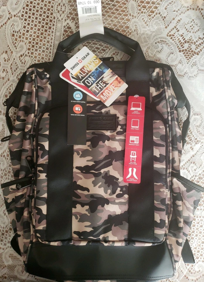 Swissgear 16.5" Zip Top Tote Camo Padded Backpack Bookbag Tablet Pocket