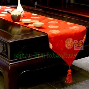 Red 12.5"x76" Chinese Long-live Bat(Lucky) pattern Brocade JACQUARD Table Runner - Picture 1 of 8