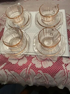Vintage Pink Glass Cup And Saucers) LOT OF 4 - Picture 1 of 4