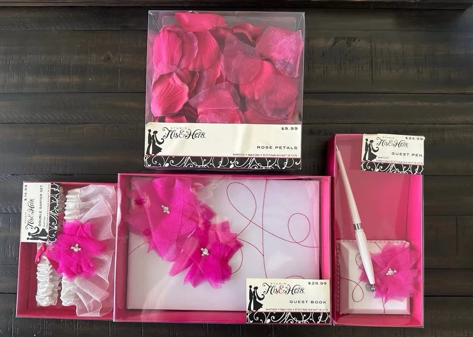 Pink guestbook & matching guest pen, garter set, pink rose pedal wedding bundle - Image 1 of 1
